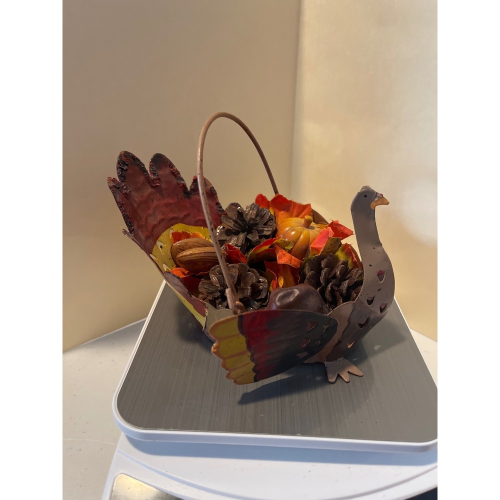 Metal Turkey Basket Thanksgiving Decor with Faux Fall Floral Arrangement 7in